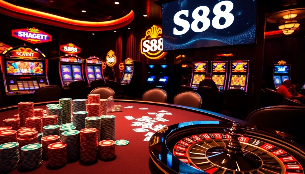 S88 casino scene showcasing a luxurious gaming table with poker chips and a roulette wheel