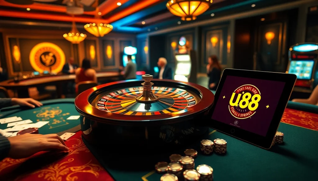 Excited players betting at a luxurious casino scene with uu88 branding visible.