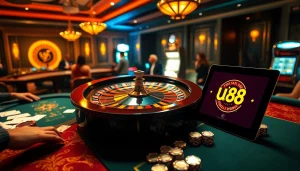 Excited players betting at a luxurious casino scene with uu88 branding visible.