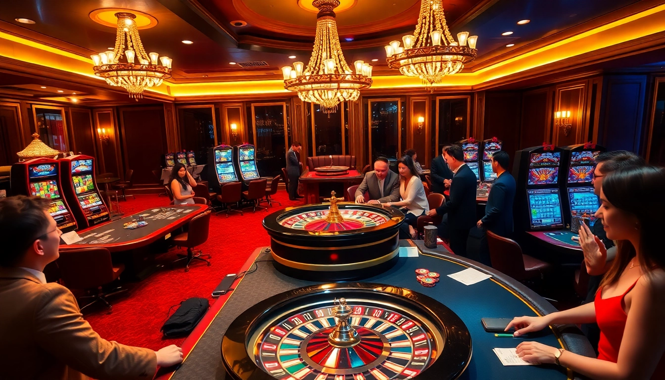 Gamblers enjoying an upscale casino experience at dom88.us.com with luxurious interiors and active gameplay.
