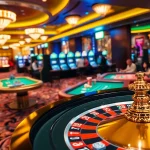 Engage in thrilling games at https://go8f.com/, vibrant casino atmosphere with roulette and slot machines.