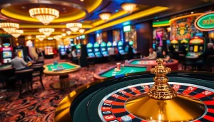 Engage in thrilling games at https://go8f.com/, vibrant casino atmosphere with roulette and slot machines.
