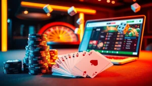 Engage in thrilling betting experiences at PS99 with a luxurious casino scene showcasing poker chips and a virtual interface.