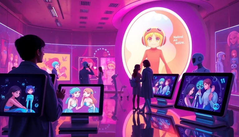 Engaging scene of NSFW character AI interactions in a futuristic digital gallery, showcasing vibrant AI characters.