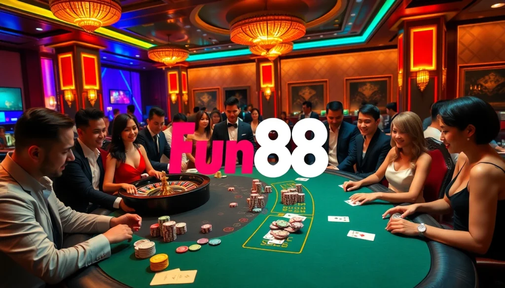 Players enjoying a vibrant Fun88 poker game, filled with chips and excitement in a luxurious casino.
