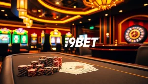 39BET poker table with high-stakes chips and cards amidst a vibrant casino atmosphere