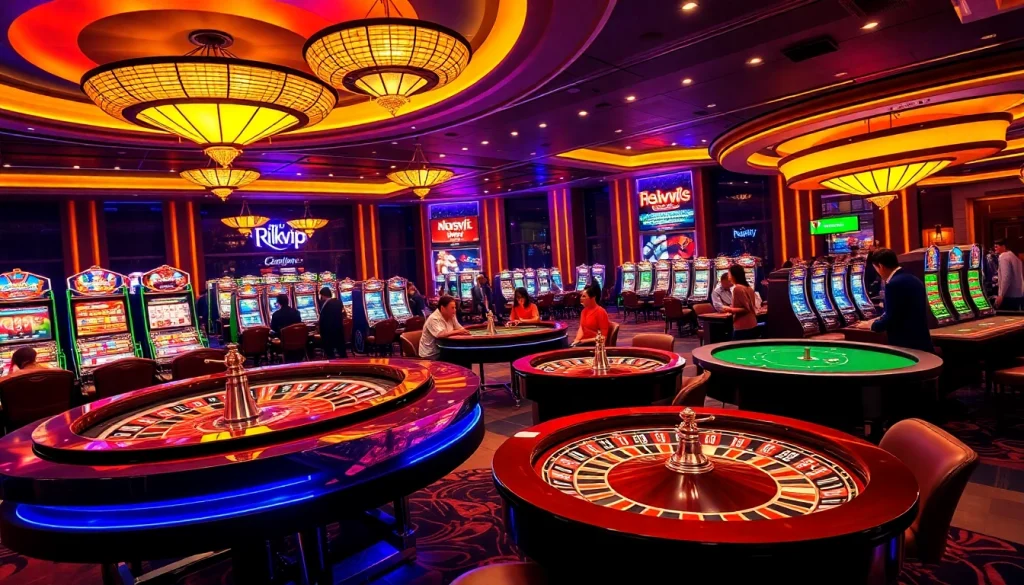 Tác giả RIKVIP engaging with players at a vibrant casino atmosphere with slot machines and poker tables.