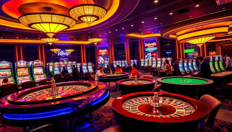Tác giả RIKVIP engaging with players at a vibrant casino atmosphere with slot machines and poker tables.