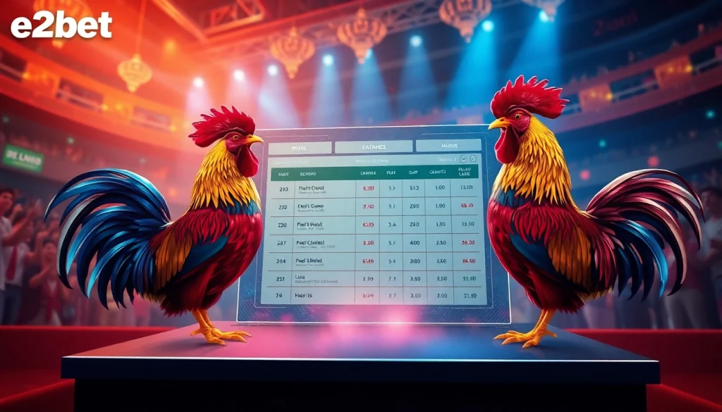 Enhance your betting experience with đá gà e2bet, showcasing an exciting virtual cockfighting scene.