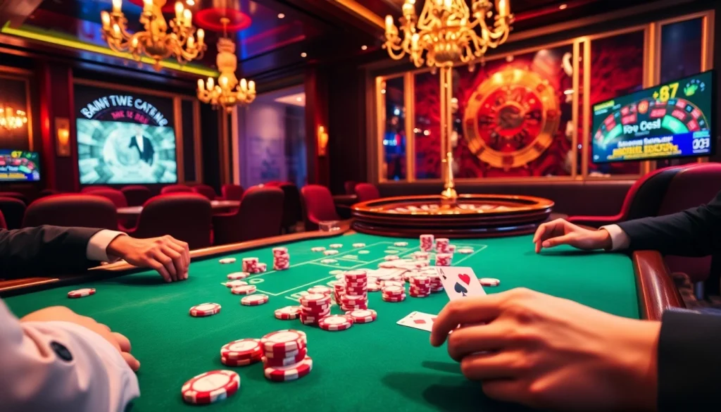 Engage in high-stakes poker at a vibrant casino scene showcasing https://xx88.eu.com/ with colorful chips and cards.