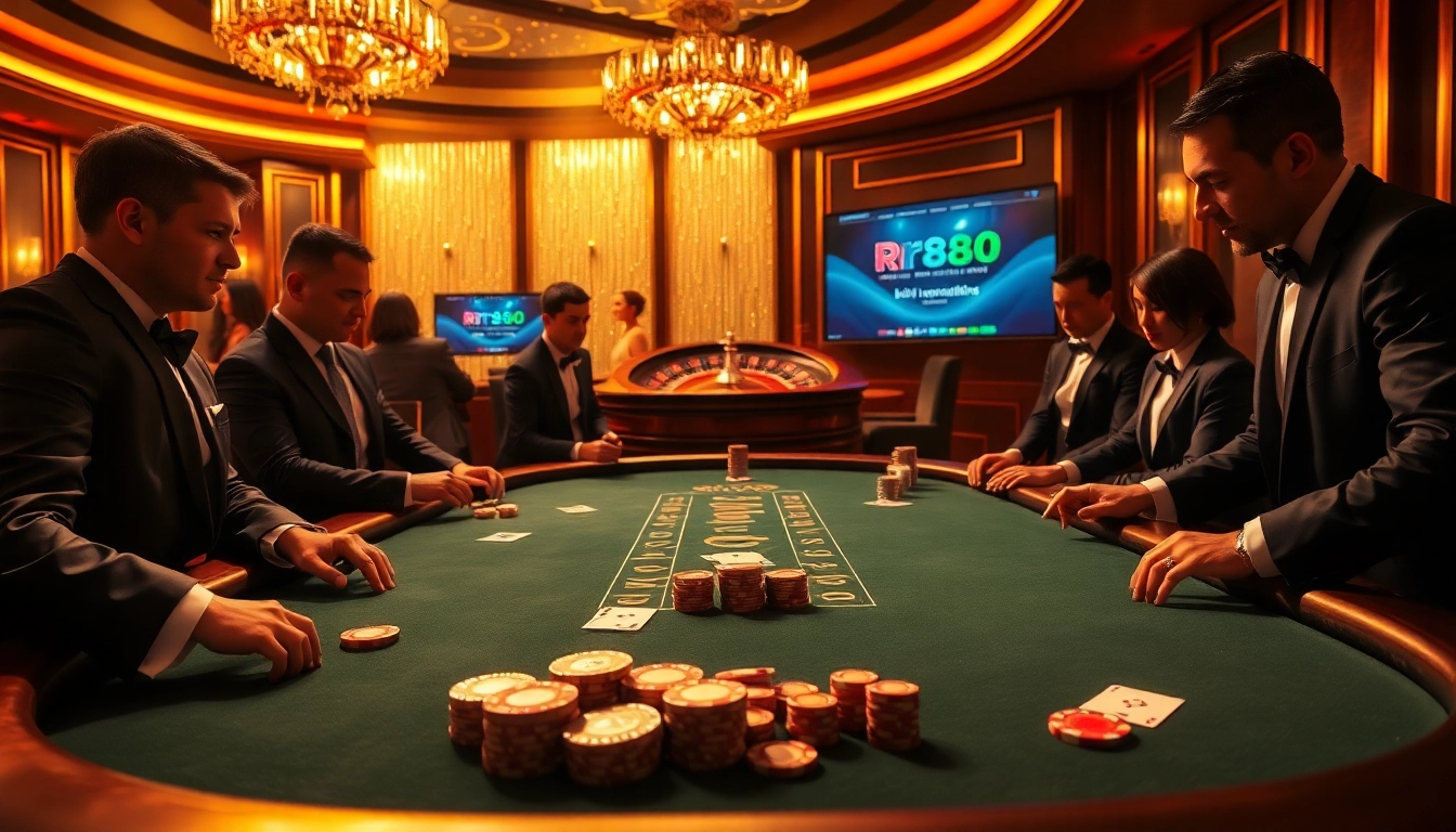 A dynamic poker game at rr88.com featuring players engaged in high-stakes action with vibrant chips and cards.