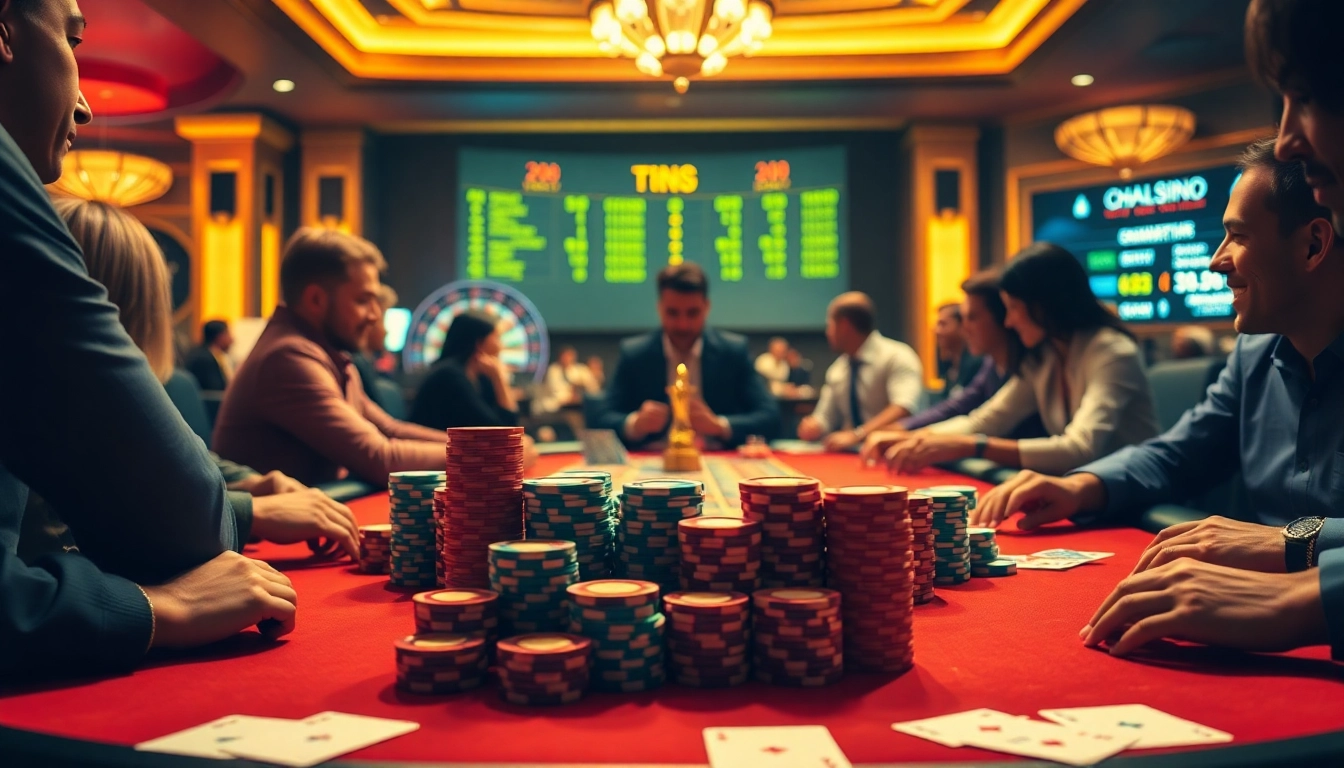Gamblers enjoying poker action at 8day.cn.com casino with colorful chips and cards.