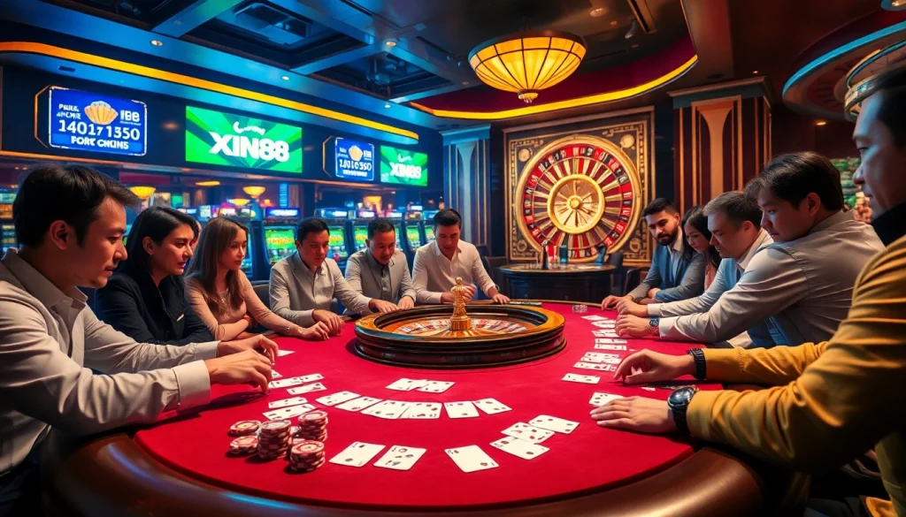 A dynamic casino scene at xin88 featuring players at a poker table with chips and cards.
