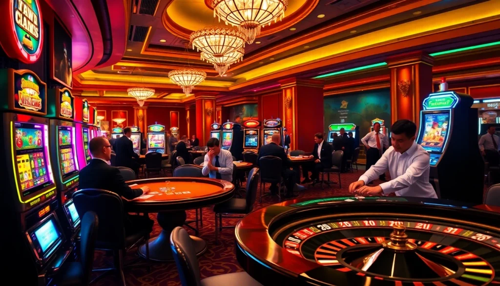 Players strategize at a poker table in a luxurious casino featuring j 88 themed games and vibrant slot machines.
