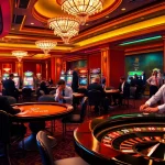 Players strategize at a poker table in a luxurious casino featuring j 88 themed games and vibrant slot machines.
