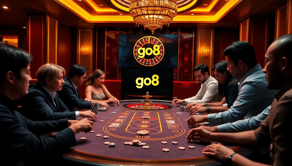 Players enjoying casino games with excitement and the go8 logo subtly featured.