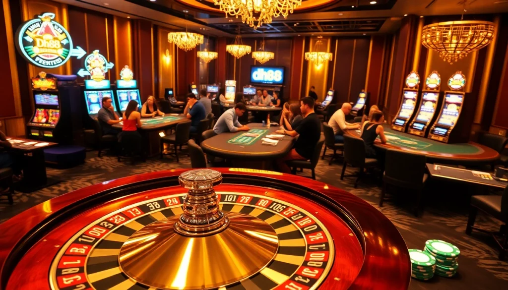 Engaging casino scene with players enjoying dh88 roulette and poker games, showcasing excitement.