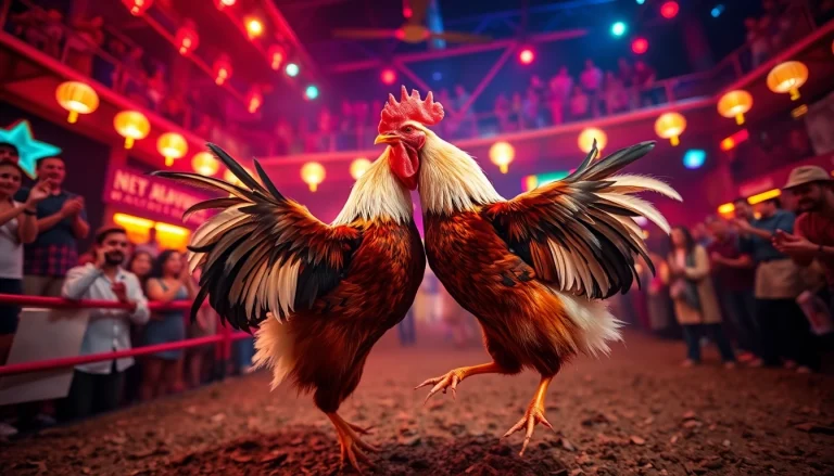 Live chicken fighting at sv368win.live with roosters and enthusiastic spectators.