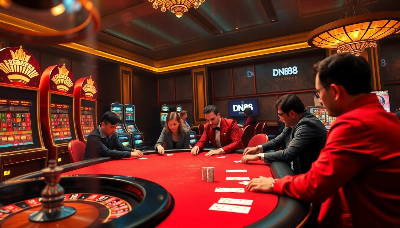 Engaging casino scene showcasing DN88 branding with players at a poker table.