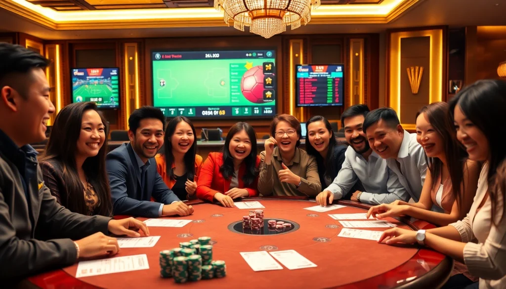 Kèo Bóng Đá betting action at a lively casino table with excited gamblers and dynamic match displays.