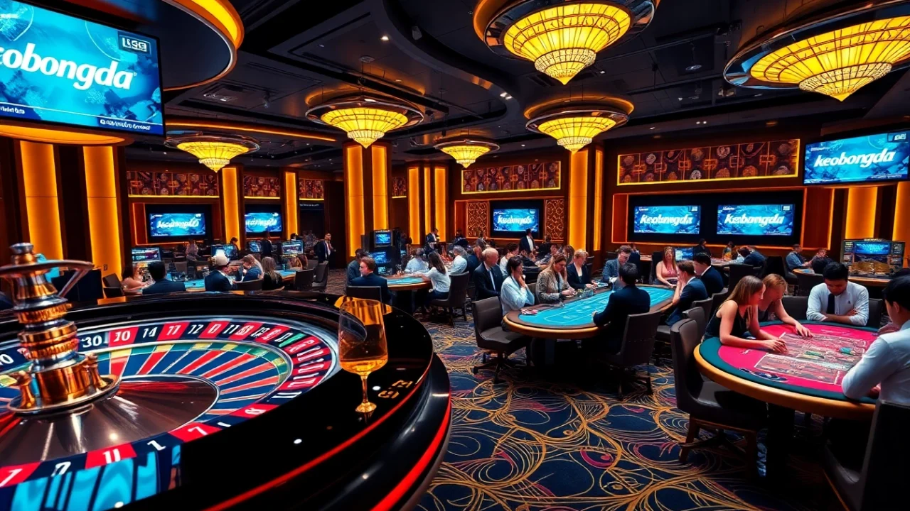 Action-packed gambling scene featuring keobongda with roulette and poker tables in a luxurious casino setting.