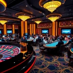 Action-packed gambling scene featuring keobongda with roulette and poker tables in a luxurious casino setting.