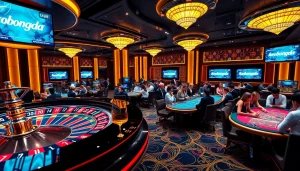 Action-packed gambling scene featuring keobongda with roulette and poker tables in a luxurious casino setting.