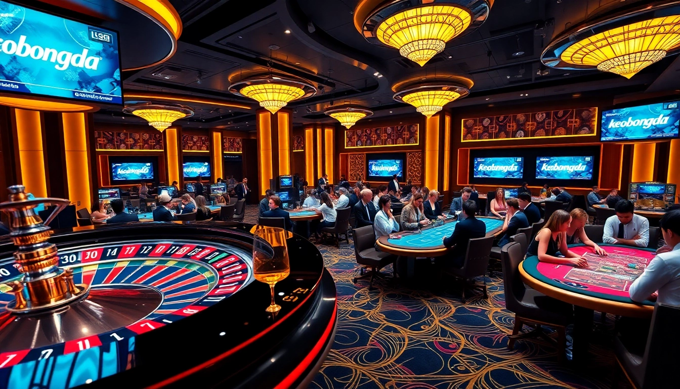 Action-packed gambling scene featuring keobongda with roulette and poker tables in a luxurious casino setting.