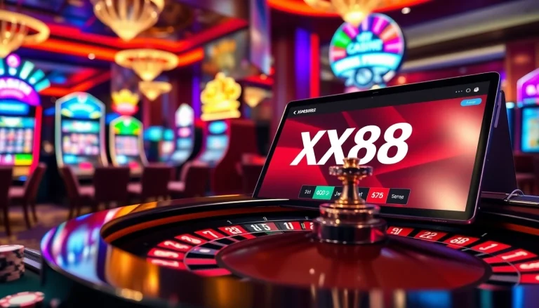 Engaging scene of gambling excitement showcasing XX88 with roulette and poker chips.