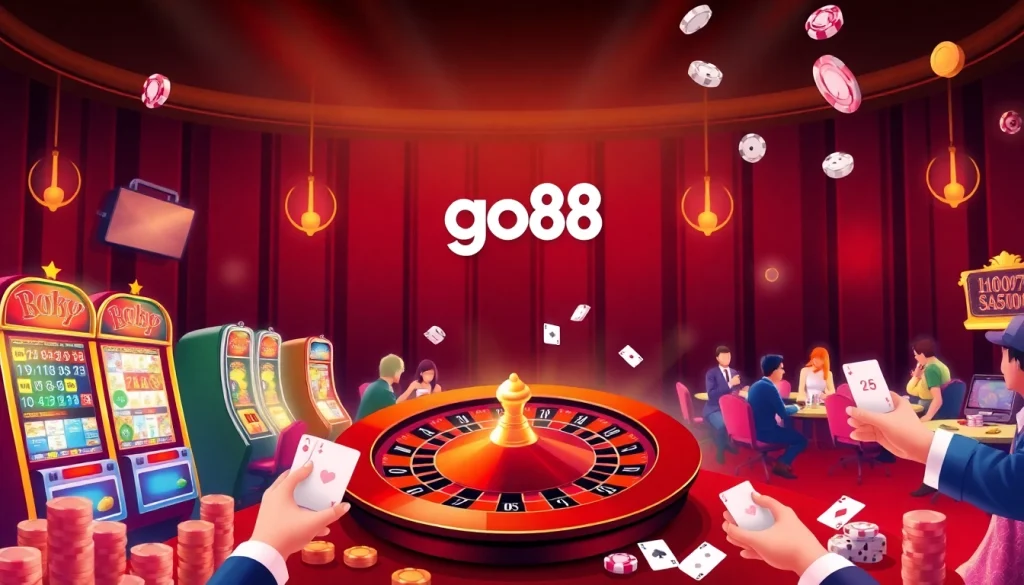 Go88 gaming scene with vibrant slot machines and poker chips, capturing casino excitement.