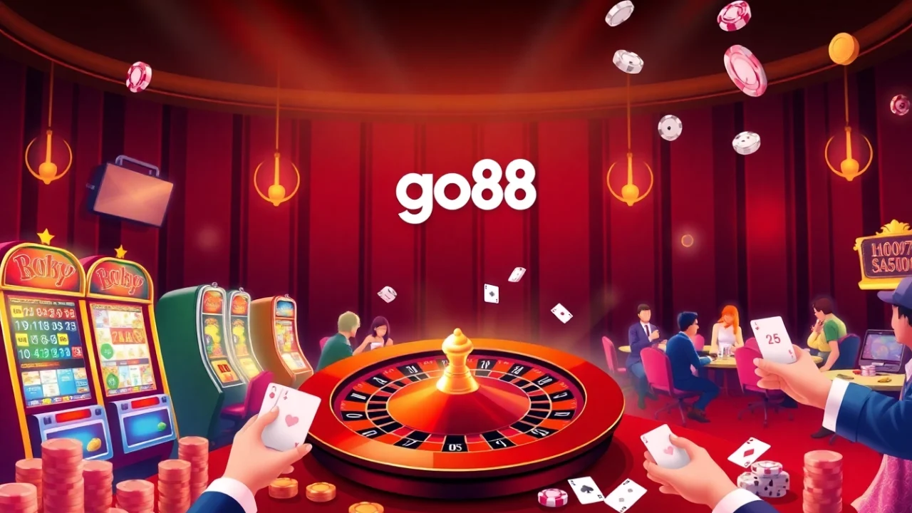 Go88 gaming scene with vibrant slot machines and poker chips, capturing casino excitement.