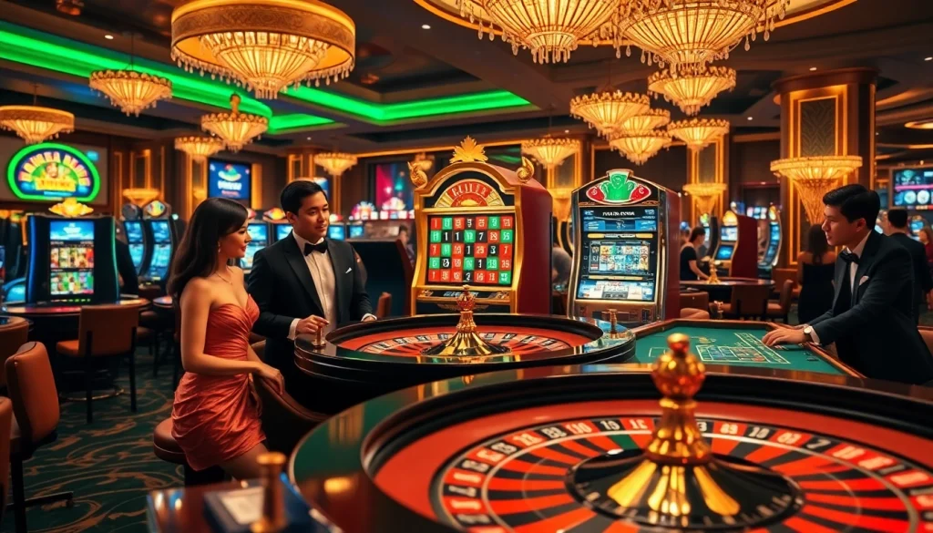 Exciting casino experience at xin88 with players at roulette and vibrant slot machines.