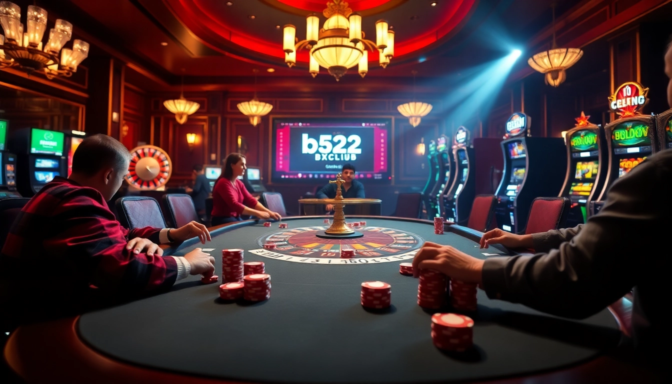 b52club's vibrant casino scene featuring poker games, roulette, and slots.