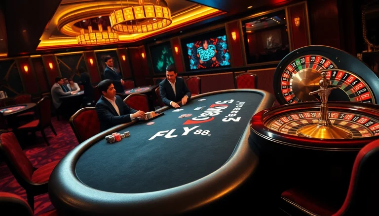 FLY88 poker scene with players and vibrant casino elements in an elegant setup.