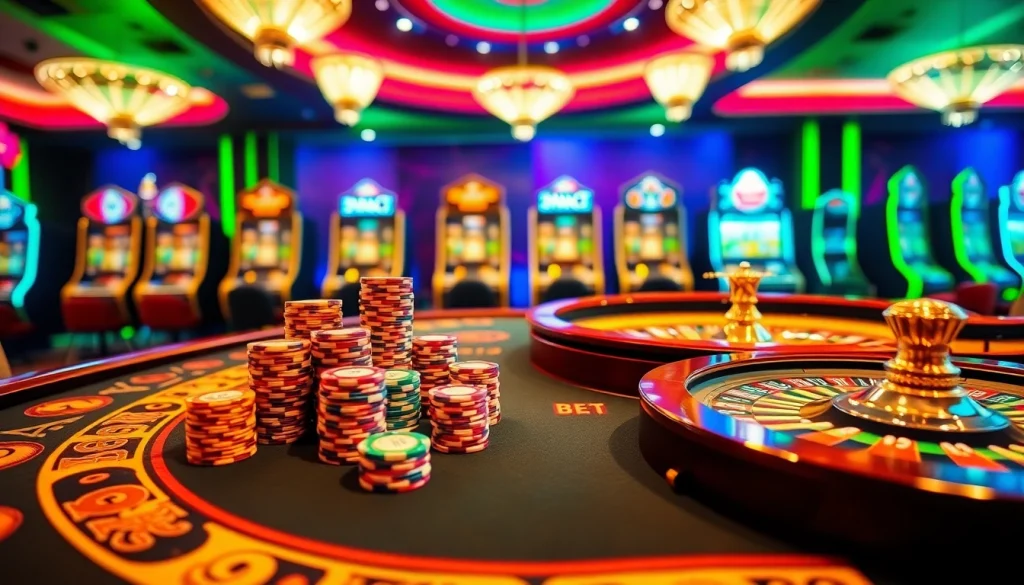 Experience a thrilling poker game at THA BET casino with vibrant chips and a spinning roulette wheel.