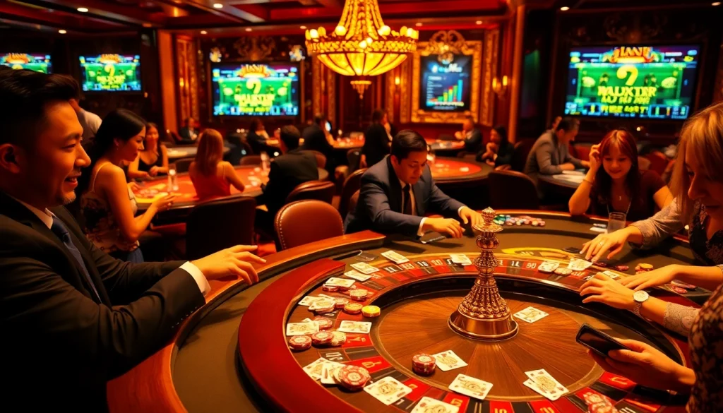 Experience vibrant gambling action at https://jun88pl.com/ with luxurious casino tables, poker chips, and excited players.