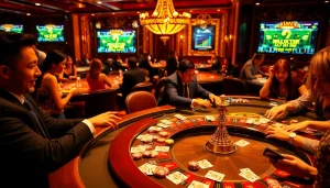 Experience vibrant gambling action at https://jun88pl.com/ with luxurious casino tables, poker chips, and excited players.