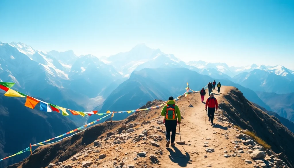 Trekkers on the Everest Base Camp trail with stunning Himalayan views, showcasing vibrant prayer flags and blue skies.