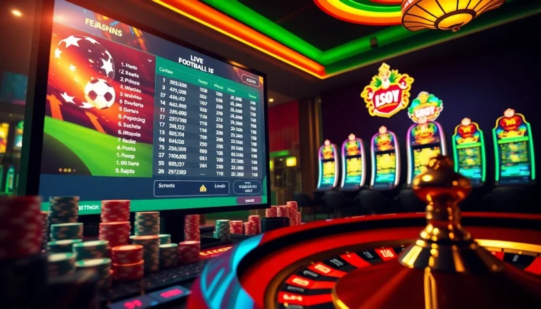 Betting on tỷ lệ bóng đá trực tuyến with poker chips and a digital casino interface.