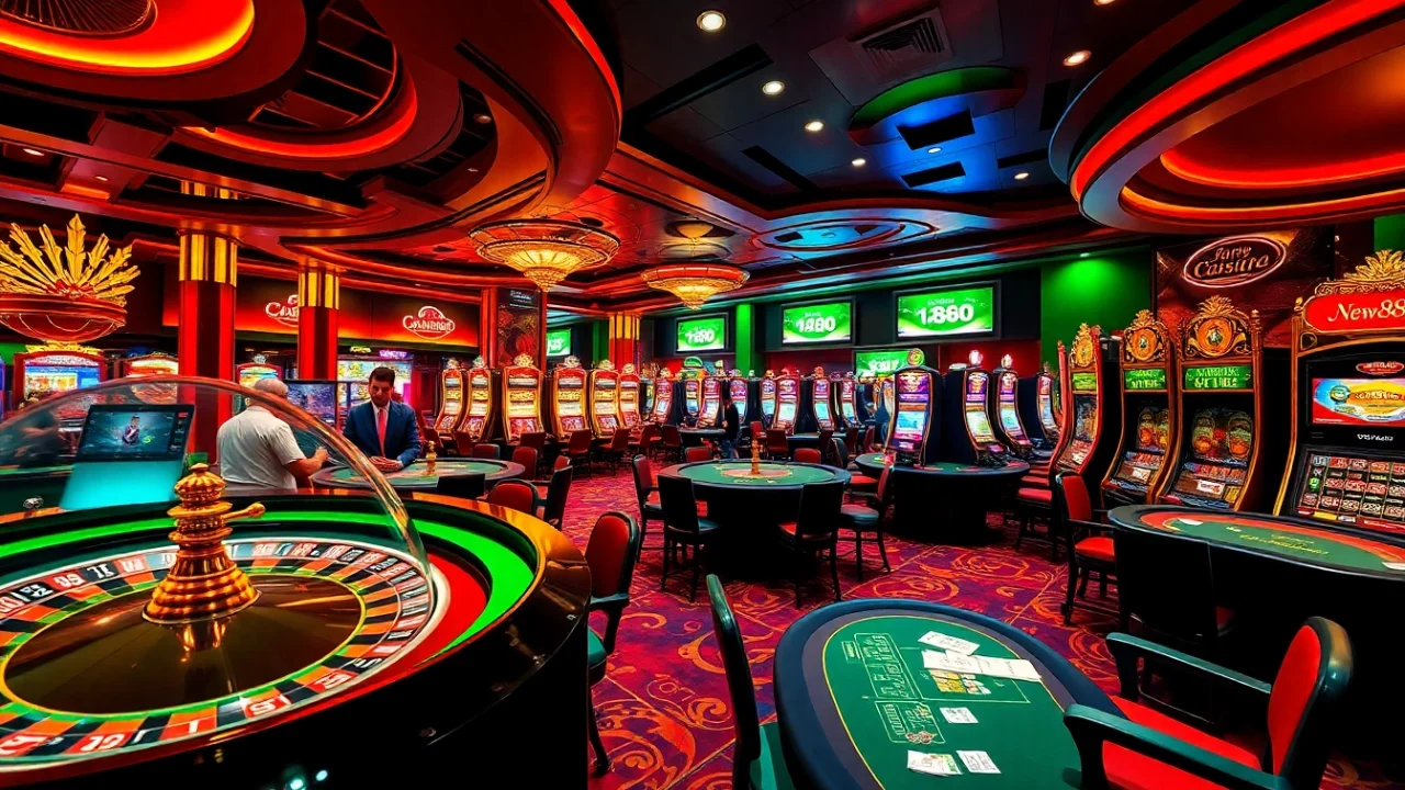 A vibrant casino floor showcasing New888's luxury experience with roulette wheels, poker action, and slot machines.
