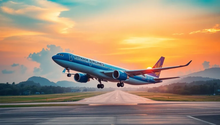 VN168 flight taking off from Da Nang International Airport at sunrise, showcasing Vietnam Airlines' vibrant livery.