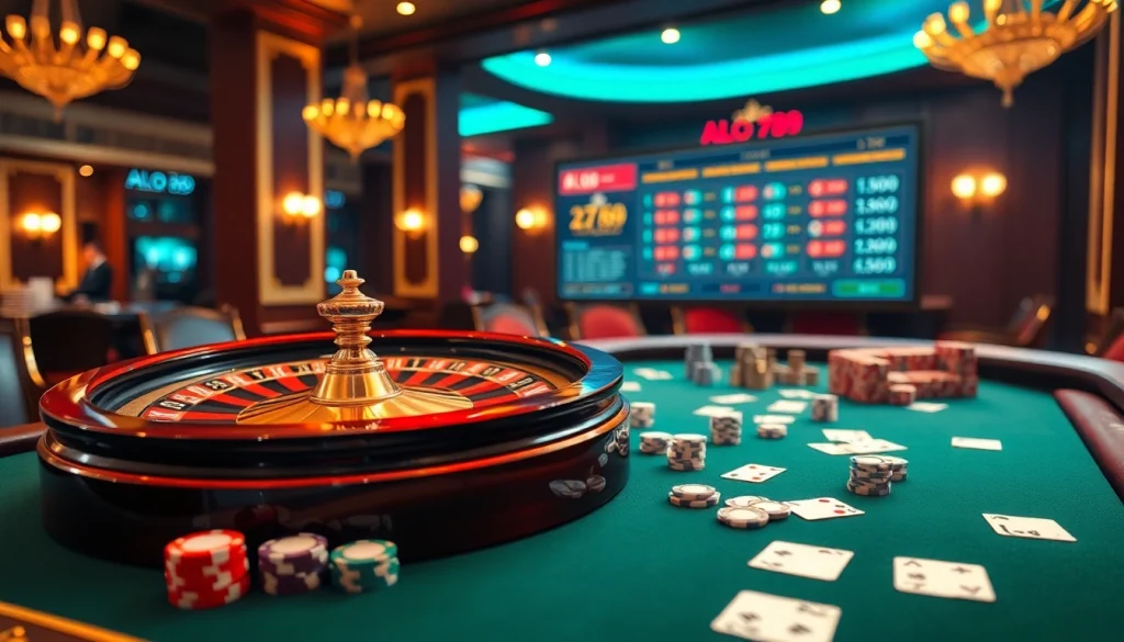 A thrilling gambling experience at ALO 789 with a captivating casino table showcasing roulette and rich poker chips.