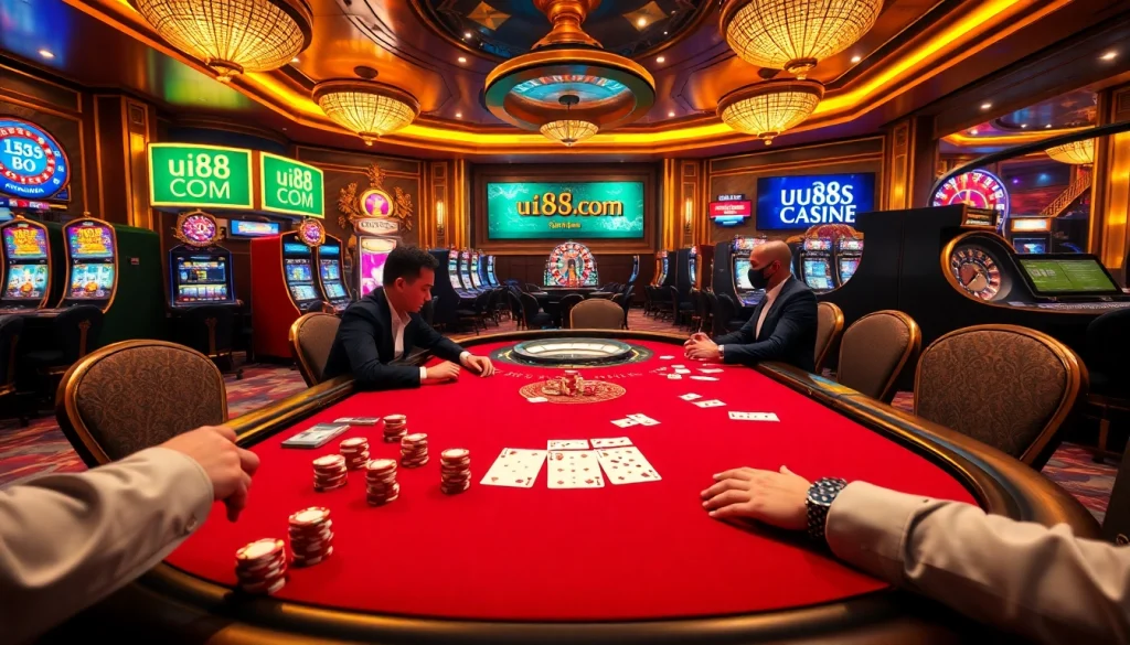 Engaging casino scene with poker action and slot machines highlighting uu88 com for online gaming.