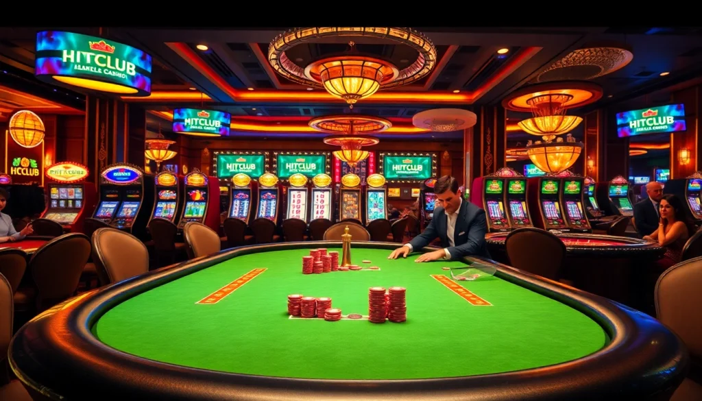 HITCLUB players enjoying an exciting poker game in a luxurious casino setting.
