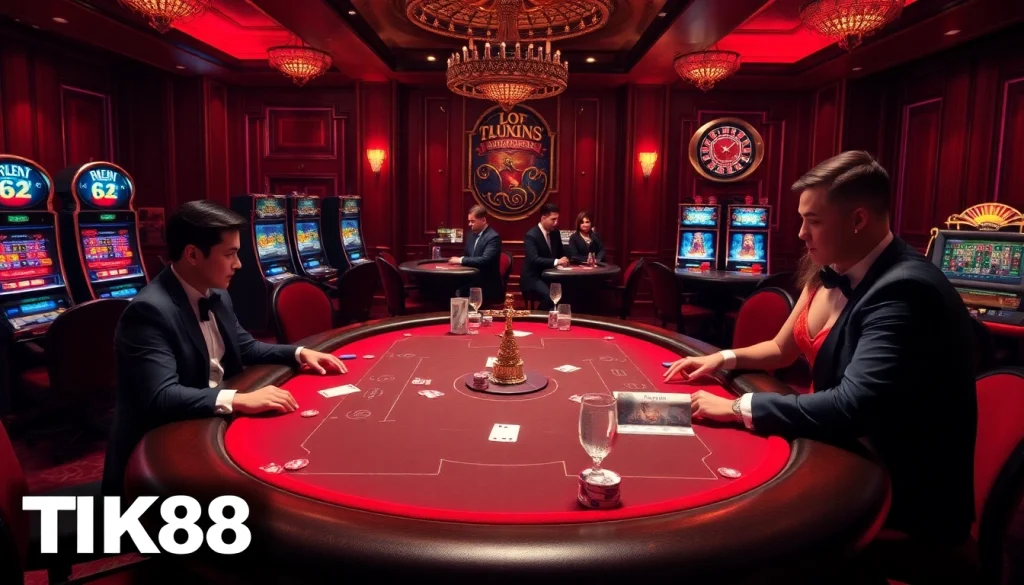 Players engaging in a high-stakes poker game at TK88 casino, showcasing excitement and luxury.