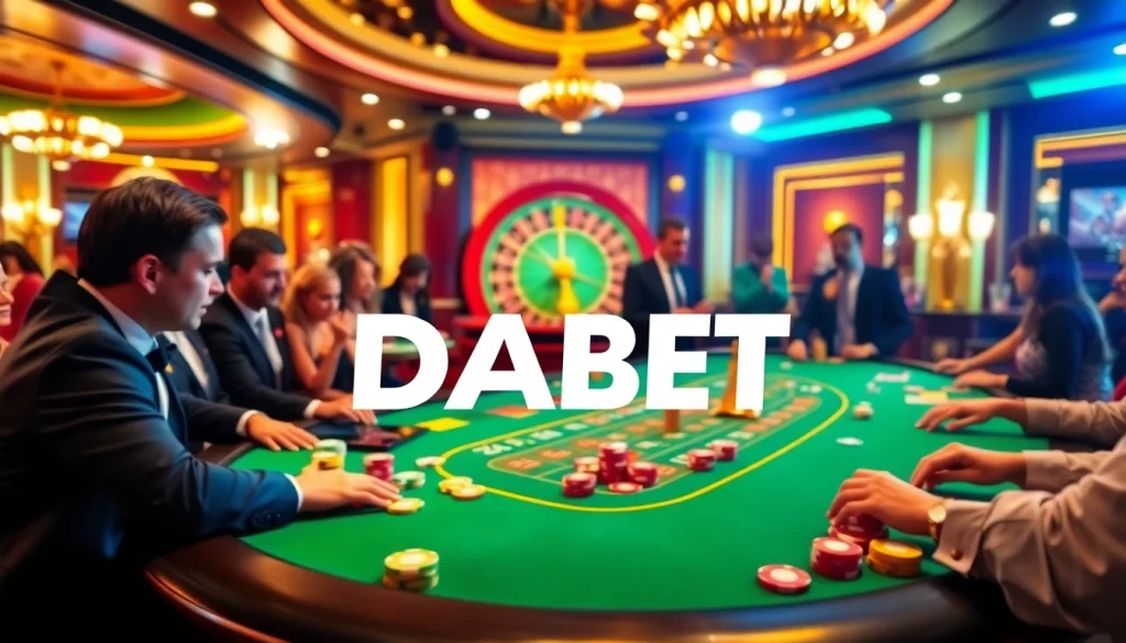 DABET poker game scene with players at a vibrant table, showcasing thrilling gambling action.