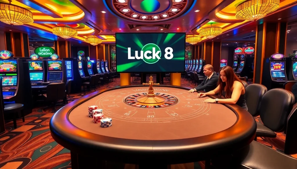 Players enjoying a thrilling gaming experience at Luck8 casino with roulette wheels and poker tables.