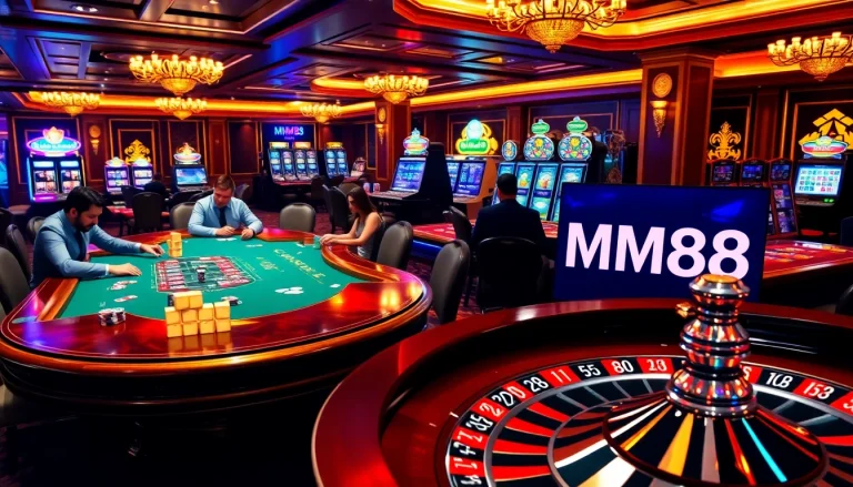 Exciting gameplay at MM88 casino with poker, roulette, and slot machines.