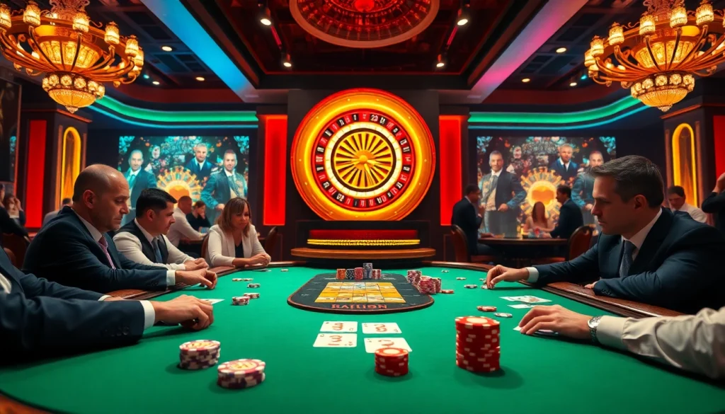 Experience intense poker gameplay at https://bl555.training/ in a luxurious casino setting.