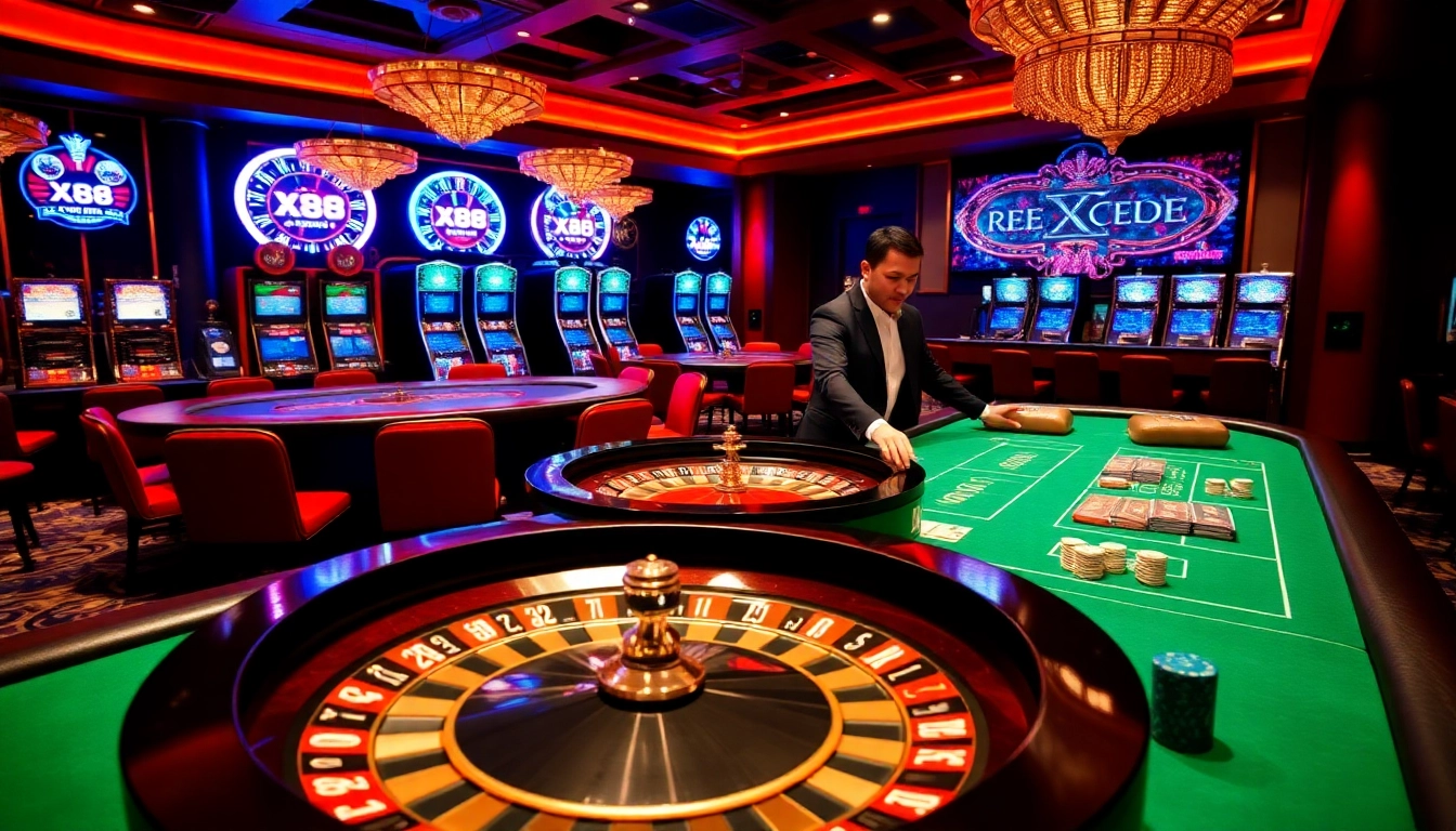 Experience thrilling gameplay at the X88 casino with vibrant roulette wheels and poker tables.
